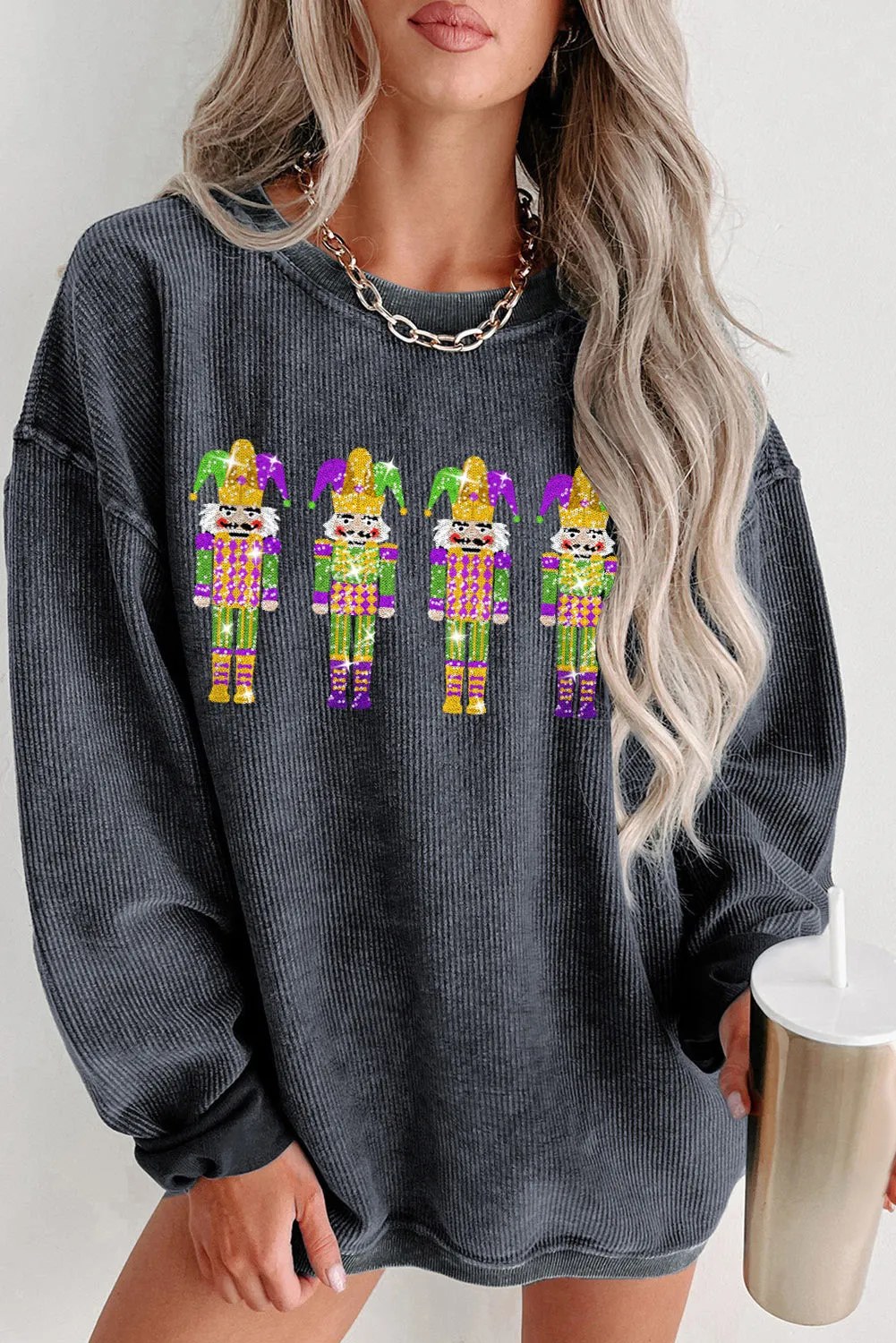 Women's Sequined Mardi Gras Nutcracker Patch Corded Sweatshirt