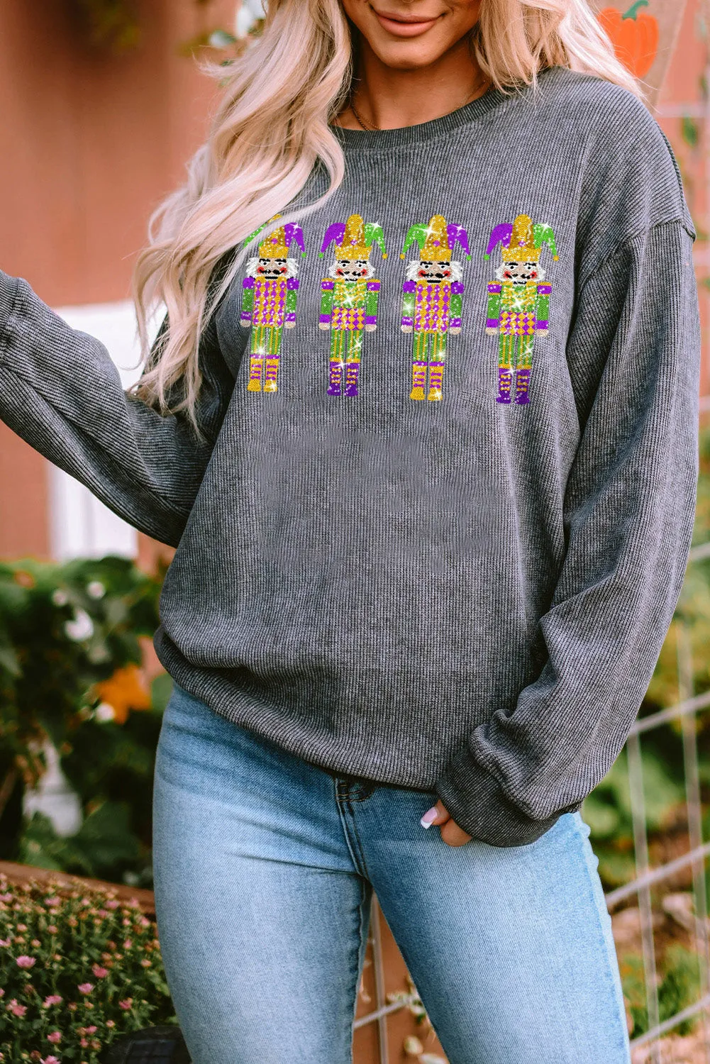 Women's Sequined Mardi Gras Nutcracker Patch Corded Sweatshirt