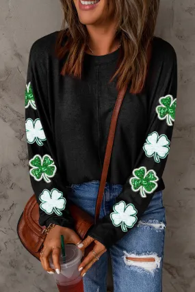 Women's Sequined St Patrick Clover Patched Long Sleeve Top